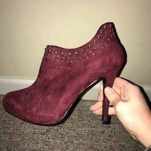 Red Suede Heeled Booties with Gold Studs
